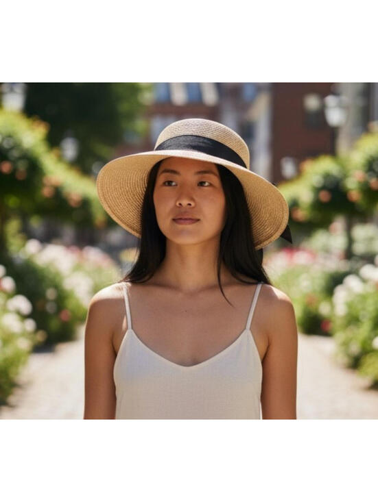 Furtalk Accessories - Furtalk Woven Straw Sun Hat Wide Brim, Grosgrain Ribbon Band, Adjustable SZ L